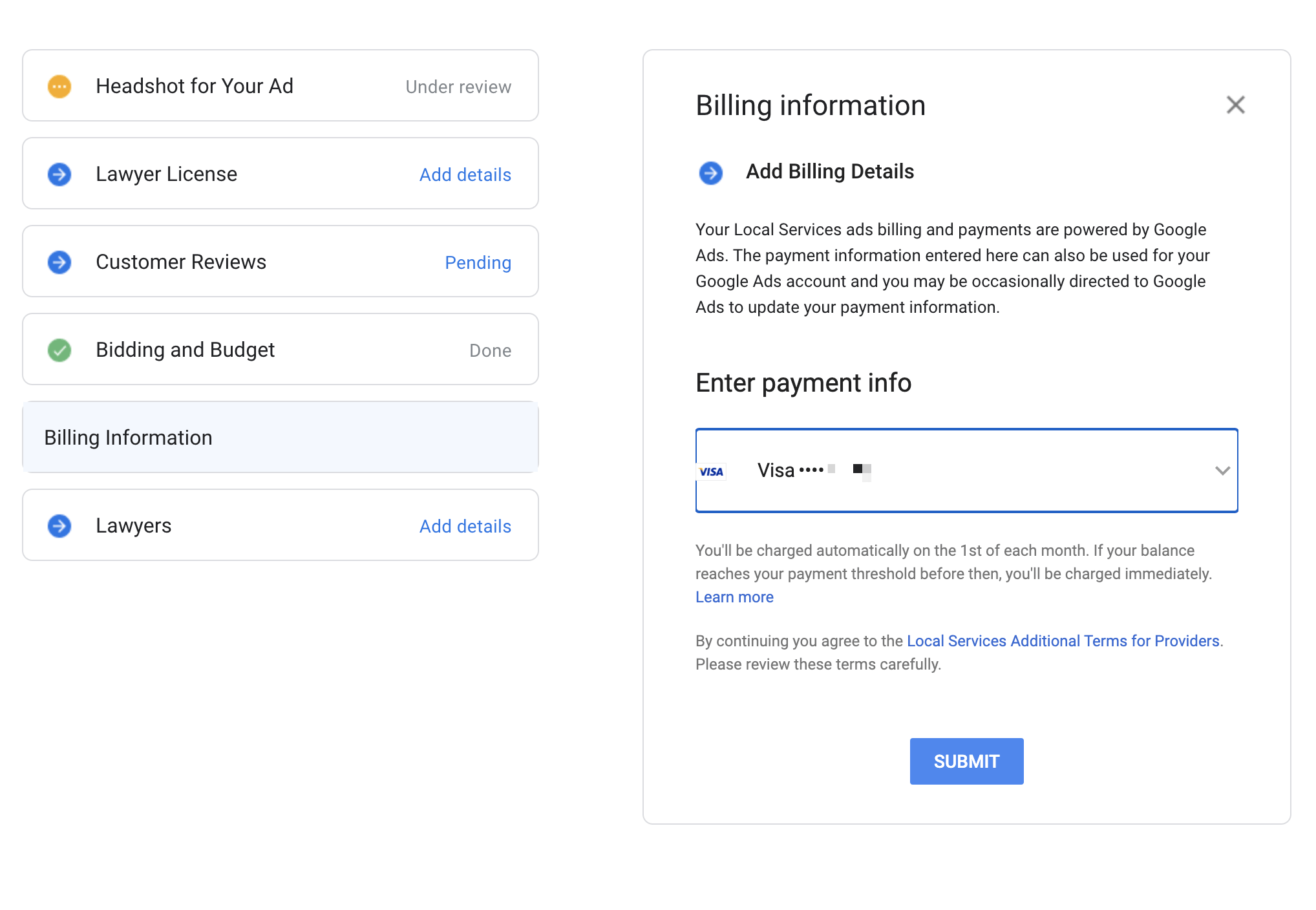 local service ads payment info