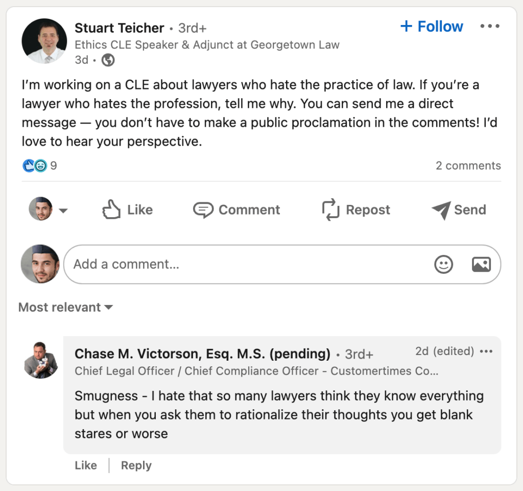 A screenshot showing a lawyer's post with replies by other users