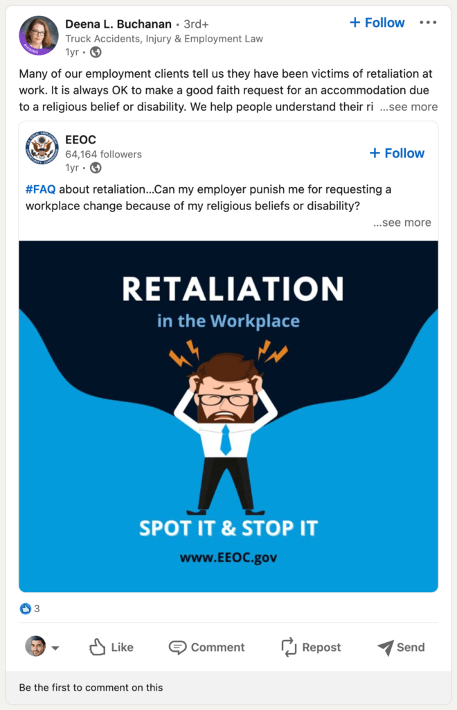 A screenshot of a lawyer's repost of an article by a high-authority source