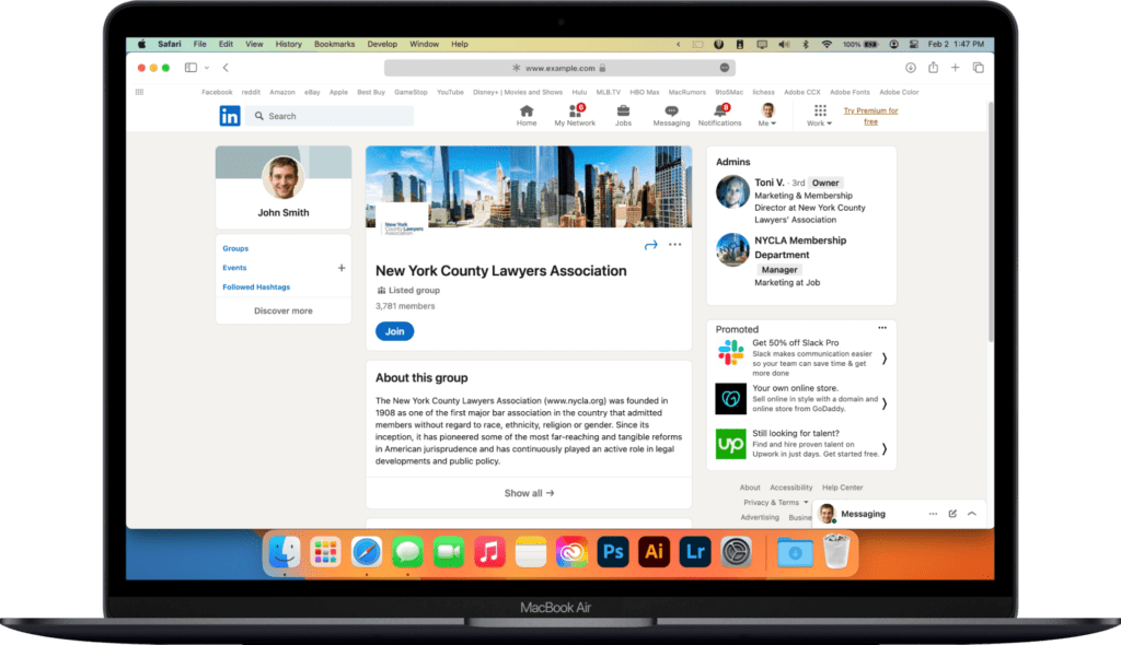 A desktop mockup showing a LinkedIn group for lawyers