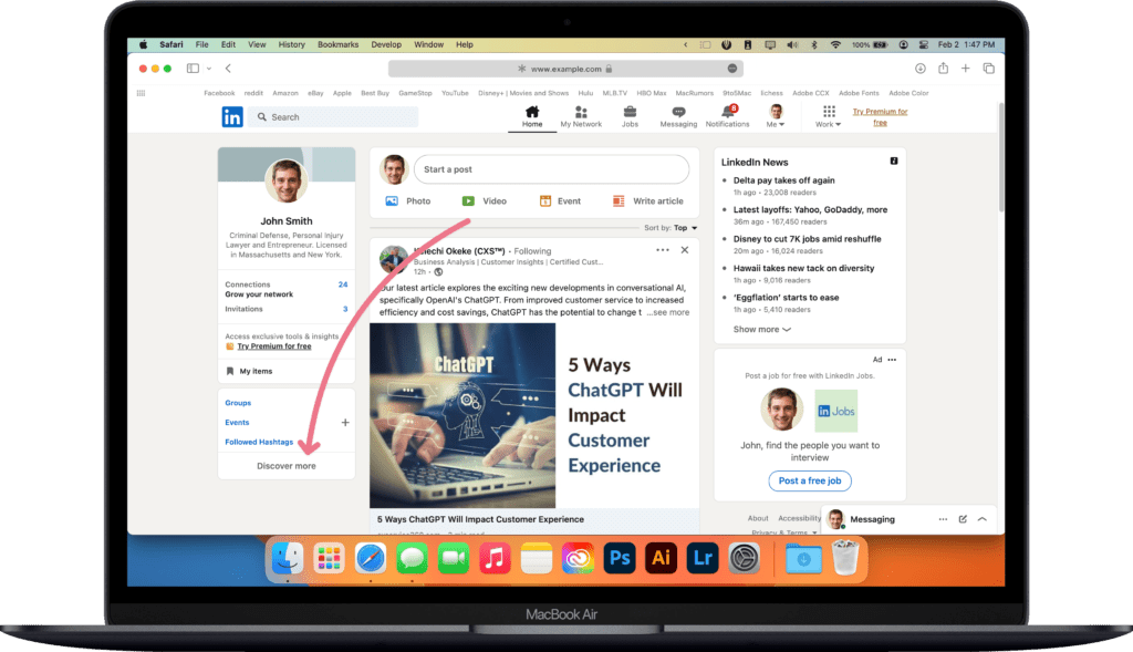 A desktop mockup highlighting the "discover more" button on LinkedIn