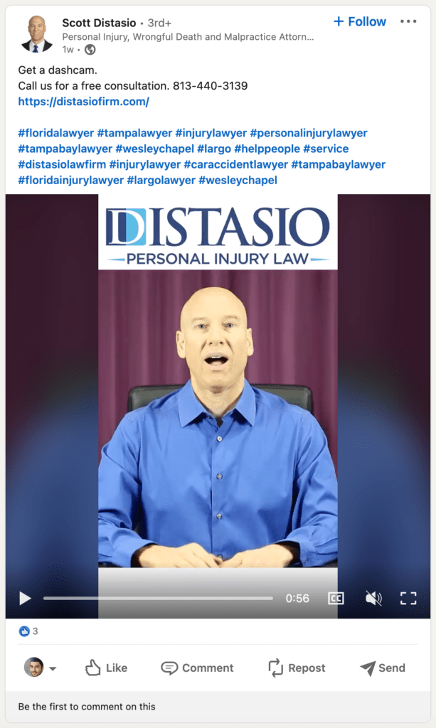A screenshot showing a lawyer's post with several hashtags