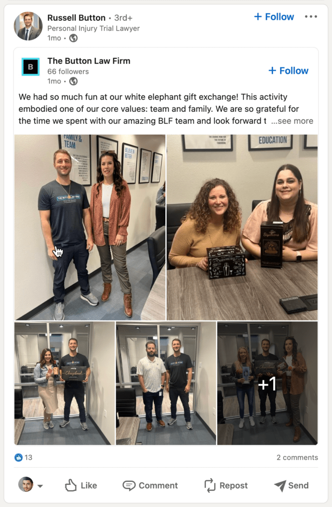 A screenshot of a LinkedIn post with law firm team member candid shots in the office